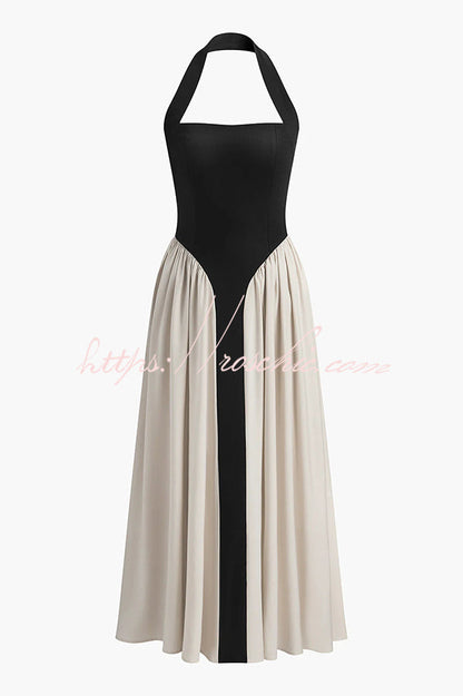 Contrast Color Stitching Sleeveless Backless Slim Maxi Dress