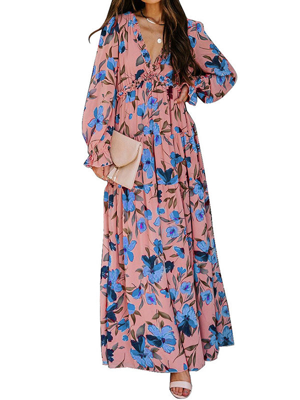 High Waisted Long Sleeves Flower Print Pleated Ruffled V-neck Maxi Dresses