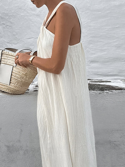 Loose Sleeveless Pleated Color Spaghetti-neck Maxi Dresses
