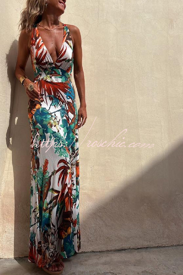 Rainforest Paradise Tropical Print Cutout Back Crossover Stretch Maxi Dress