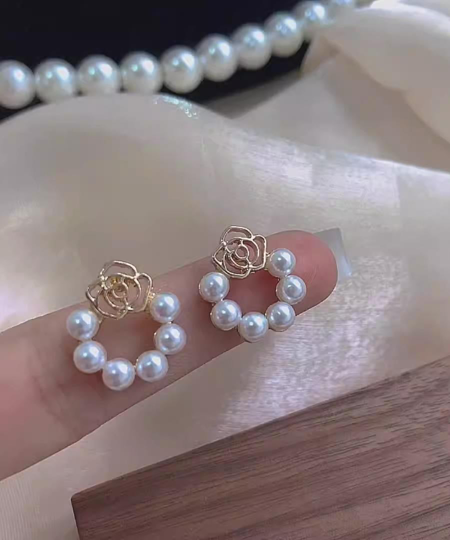 Classy White Copper Overgild Pearl Hollow Out Hoop Earrings