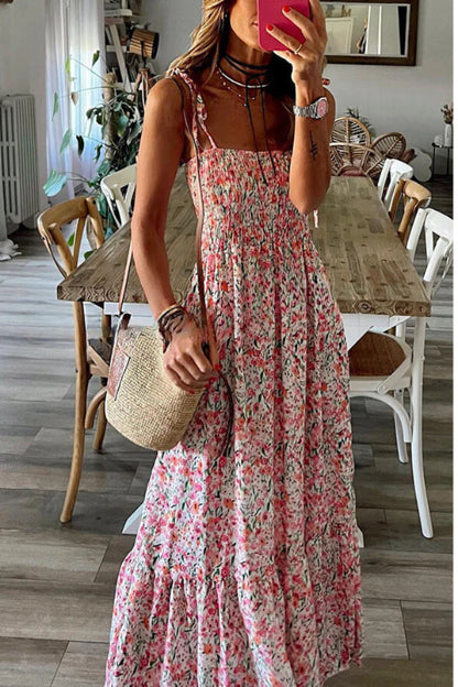 Ready to Vacation Print Smocked Waist Maxi Dress
