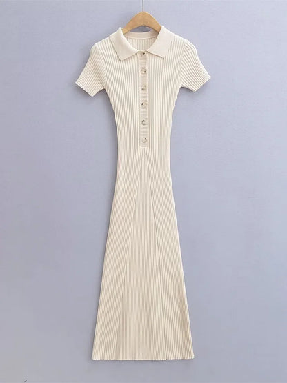 Ribbed High Waist Slim Maxi Dress for Knitwear Lapel Party Dress Gown Short Sleeve Knit Dress