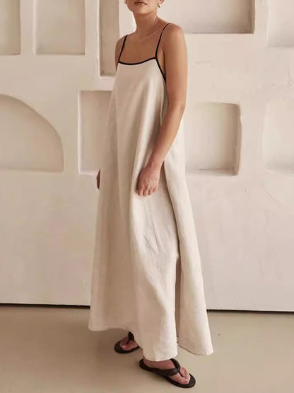 A-line Loose Split-joint Spaghetti-neck Maxi Dresses