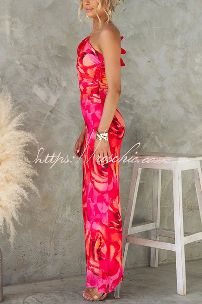 Print Sleeveless 3d Flower One Shoulder Slim Maxi Dress