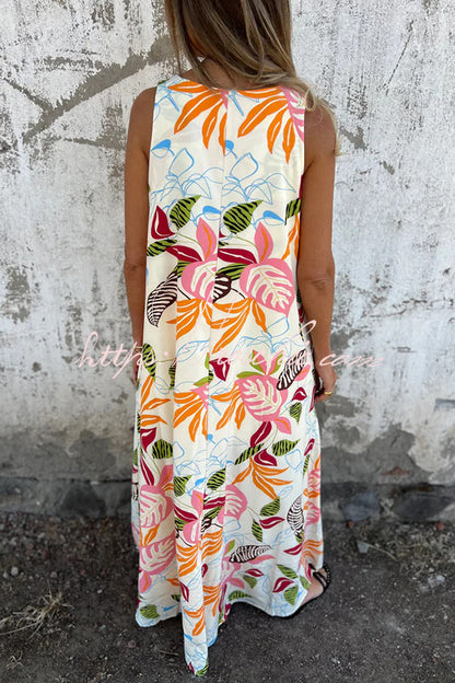 Botanical Print V-neck Pocket Loose Maxi Dress
