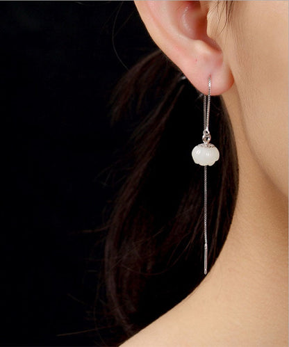 White Sterling Silver Inlaid Jade Lotus Drop Earrings