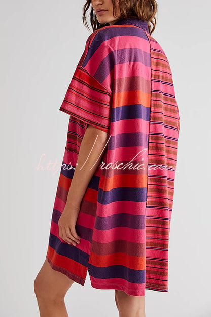 Contrast Striped Patchwork Denim Lapel Loose Mini Dress