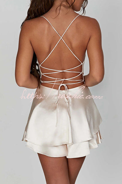 Ruffled Satin Strappy Satin Backless Lace Up Mini Dress