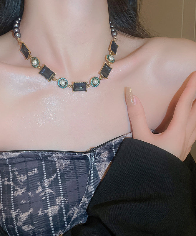 Colorblock Alloy Pearl Zircon Collar Necklace