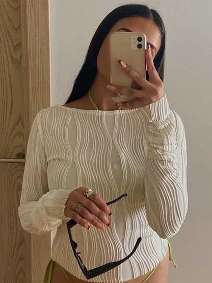 Woman Ruched Long Sleeve T-shirt Blouses Female White Skinny Cropped Bottoming Shirt Autumn Y2k Top Clothes