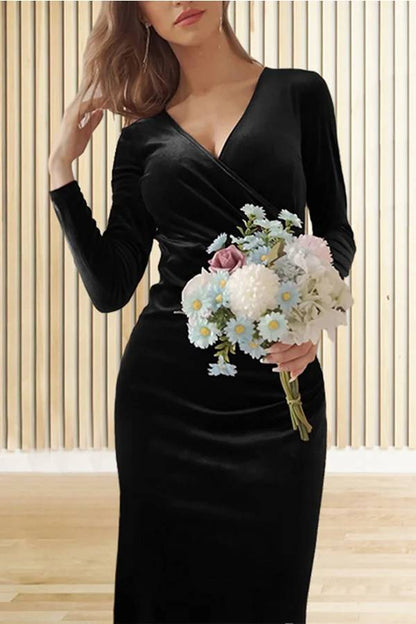 Velvet Long Sleeve V Neck Slim Fit Fishtail Maxi Dress