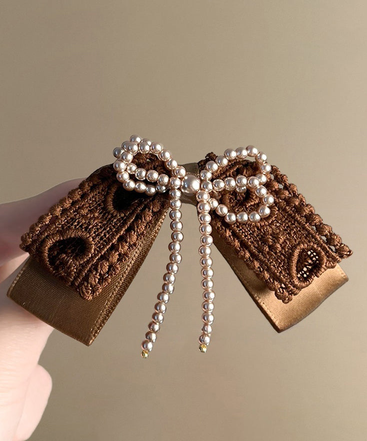 Coffee Textile Crafts Pearl Bow Hairpin