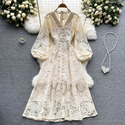 Classy Apricot V-neck Hollow Out Lace Buttoned Long Puff Sleeve Maxi Dress