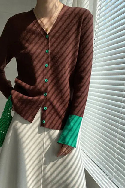 Flare Sleeve Colorblock Knit V-neck Cardigan