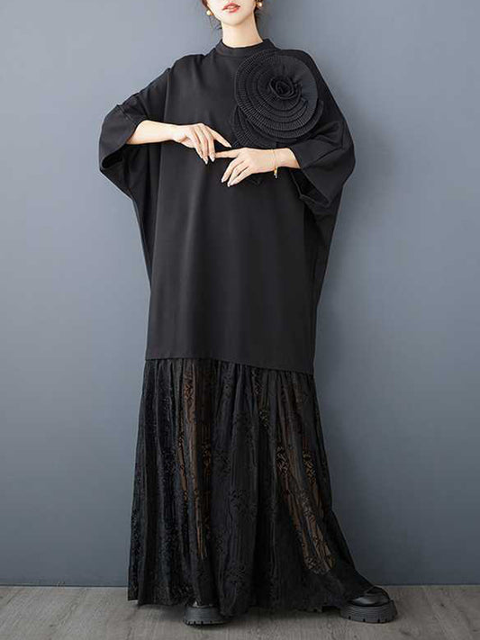 Long Sleeves Loose Color Split-joint Three-dimensional Flower Mock Neck Maxi Dresses