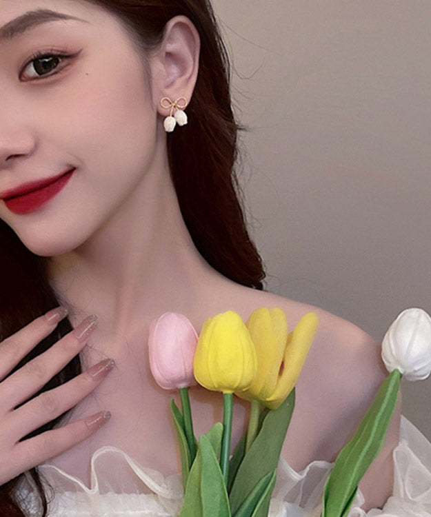 Diy White Alloy Resin Bow Hoop Earrings