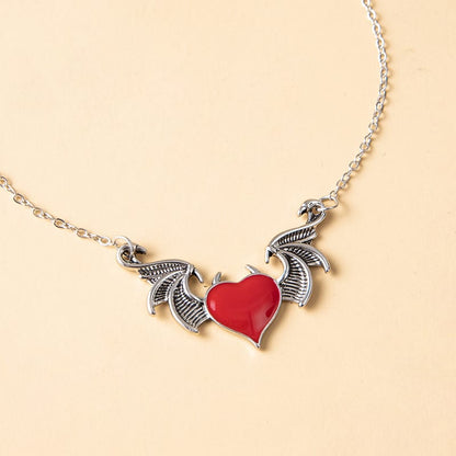 Crimson Devil Heart Winged Necklace