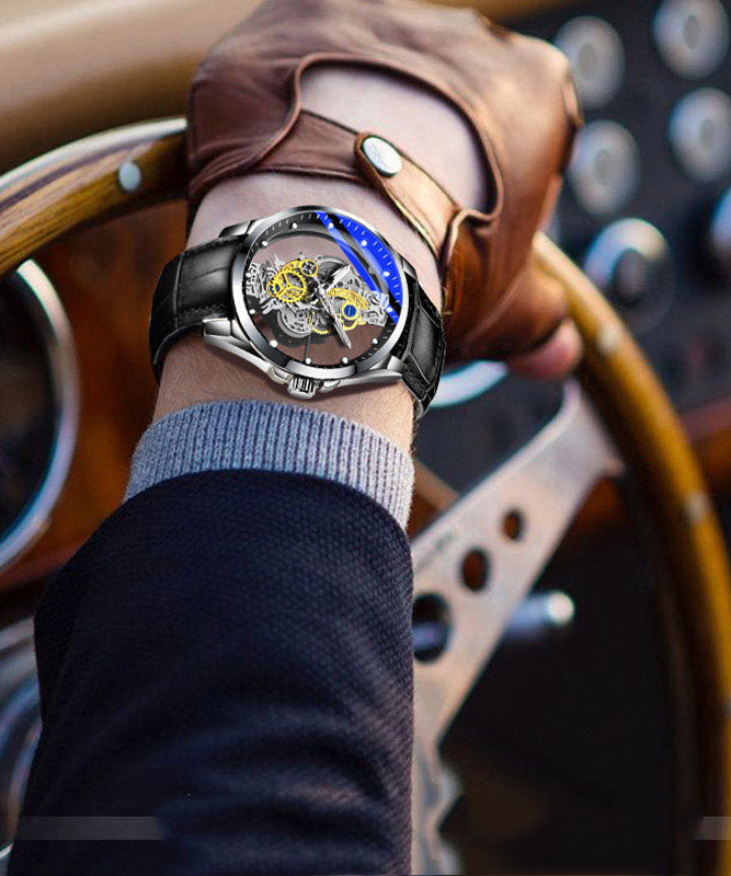 Black Leather Hollow Out Fully Automatic Machinery Watches