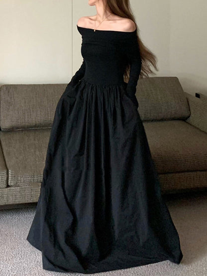 Long Sleeves Pleated Color Split-joint Off-the-shoulder Maxi Dresses
