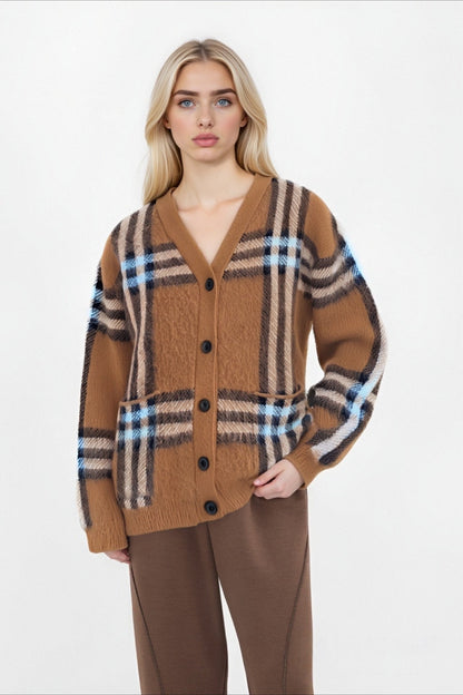 Plaid Retro Loose V Neck Knit Cardigan