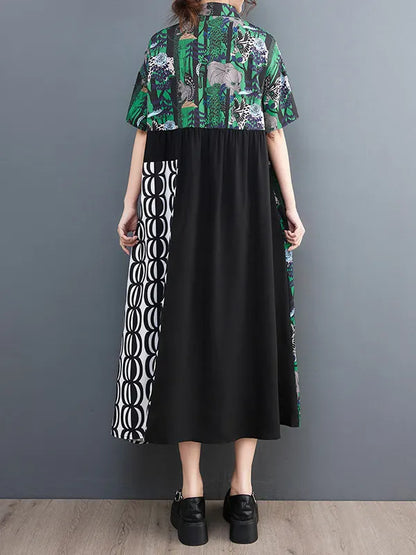 Short Sleeves Loose Printed Split-joint Lapel Midi Dresses Shirt Dress