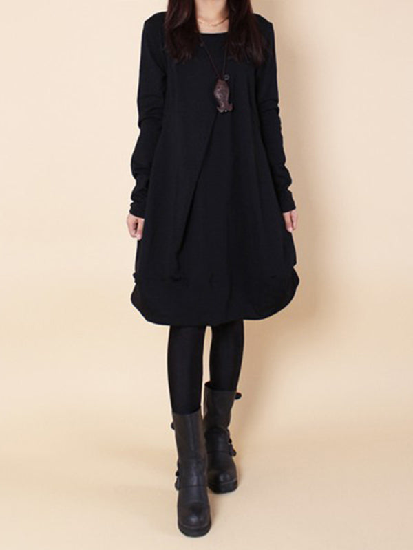 A-line Long Sleeves Pleated Color Round-neck Dresses Maxi Dresses