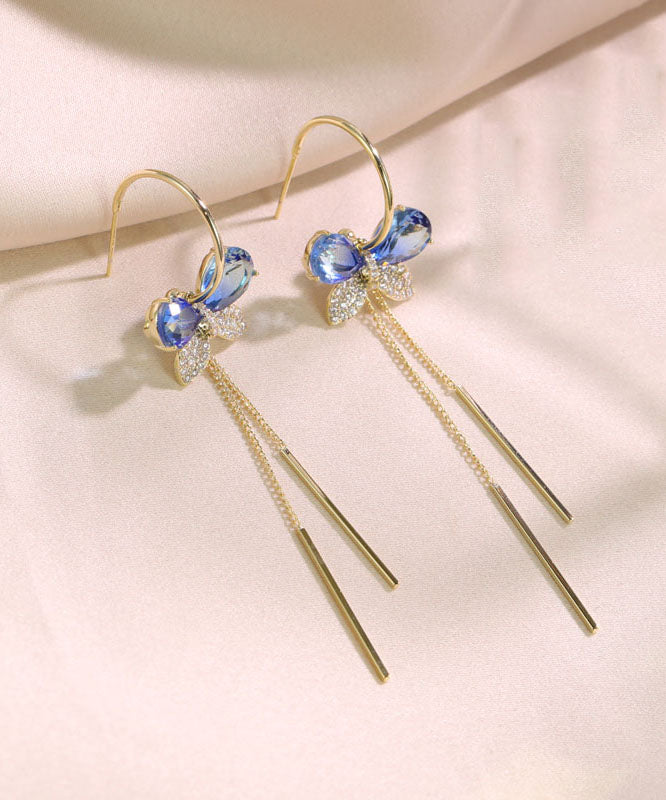 Blue Alloy Zircon Butterfly Tassel Drop Earrings