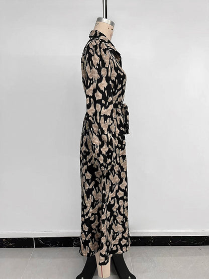 Long Sleeves Loose Printed Split-joint Tied Waist Lapel Midi Dresses Shirt Dress