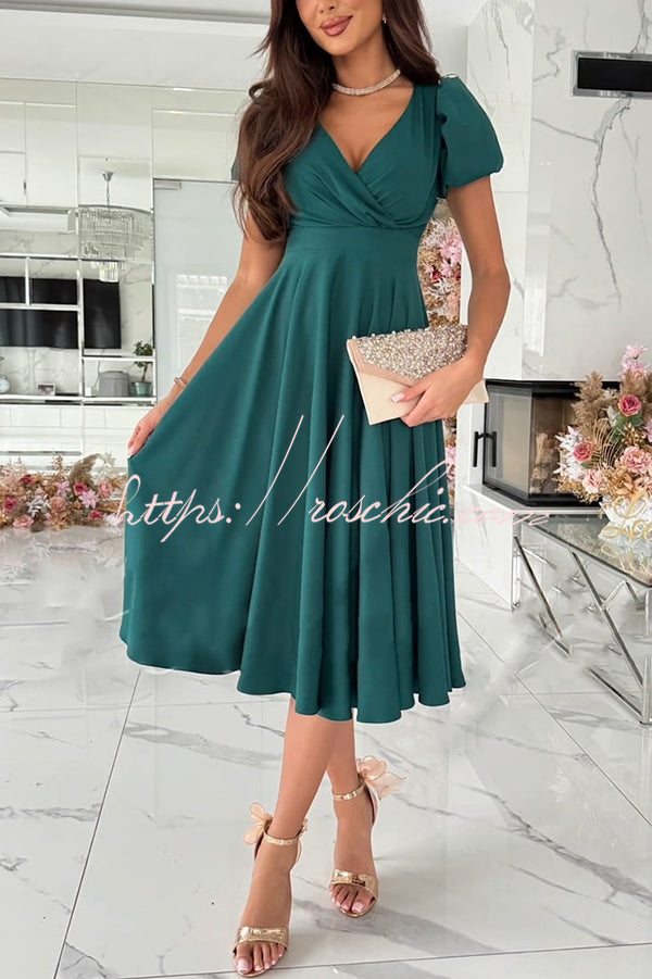Zayla Color Puff Sleeve V-neck Waist Slim Fit Midi Dress