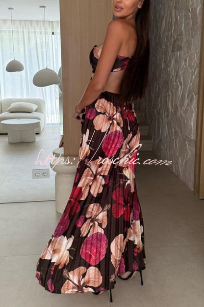 Casey Satin Print Cutout Halter Back Tie-up Pleated Maxi Dress