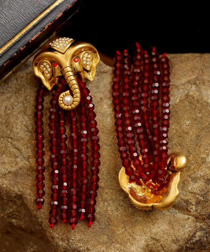 Red Copper 14k Gold Elephant Pearl Tassel Drop Earrings