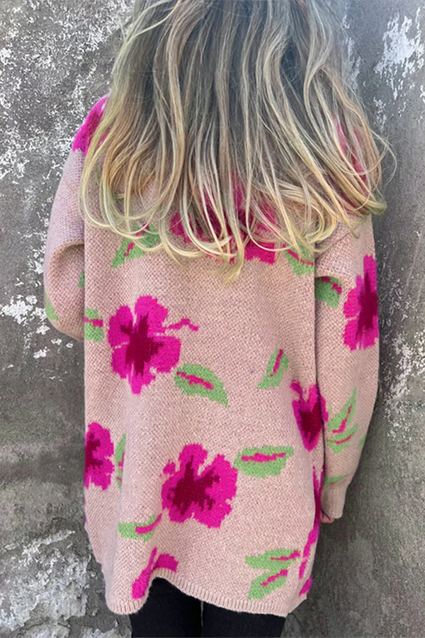 Apricot Powder Print Pocketed Open Front Cardigan