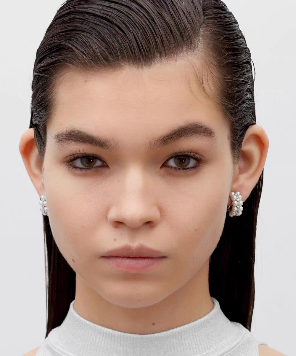 White Sterling Silver Zircon Double-layer Pearl Hoop Earrings
