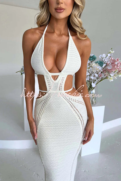 Effortlessly Cool and Knit Crochet Cutout Halter Tie-up Stretch Maxi Dress