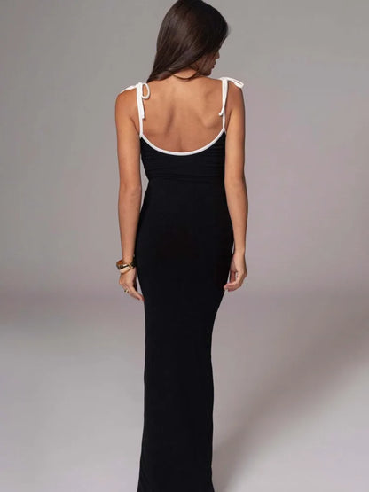 Spaghetti Strap High Elastic Tight Long Dress V-neck Backless Bodycon Autumn Party Evening Dress