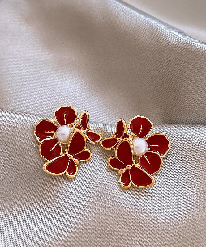 Red Copper Alloy Butterfly Pearl Stud Earrings