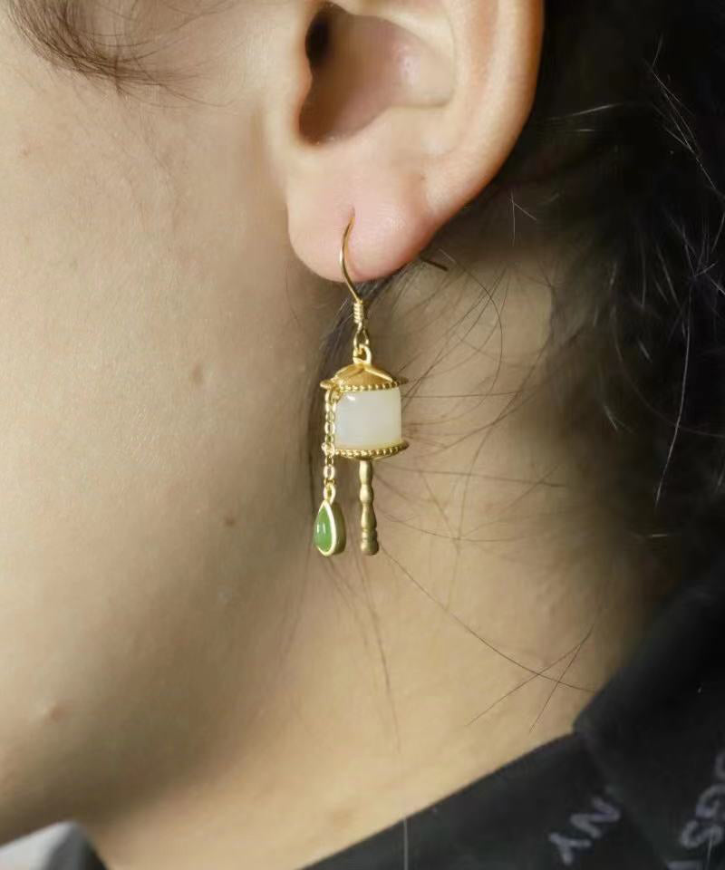 Gold Sterling Silver Overgild Jade Tassel Drop Earrings
