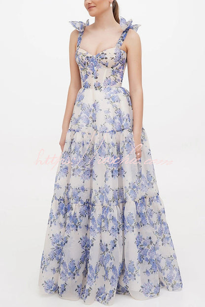 Fairytale Itself Organza Print Tie Strap Maxi Dress