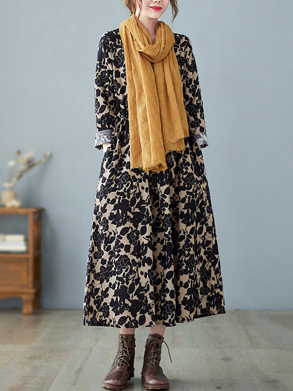 Artistic Retro Ramie Cotton Printed Pleated Round-neck Long Sleeves Midi Dress