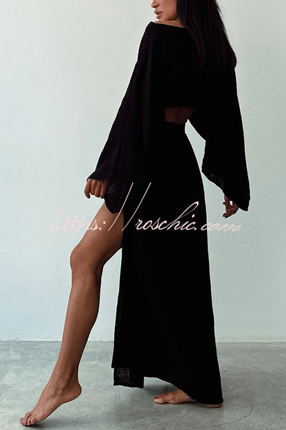 Beach Linen Blend Wide Sleeve Blouse and Elastic Waist Double Slit Skirt Set