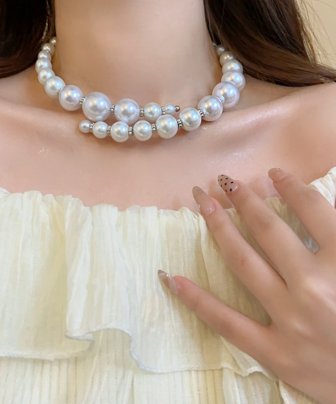 White Alloy Asymmetry Pearl Collar Necklace