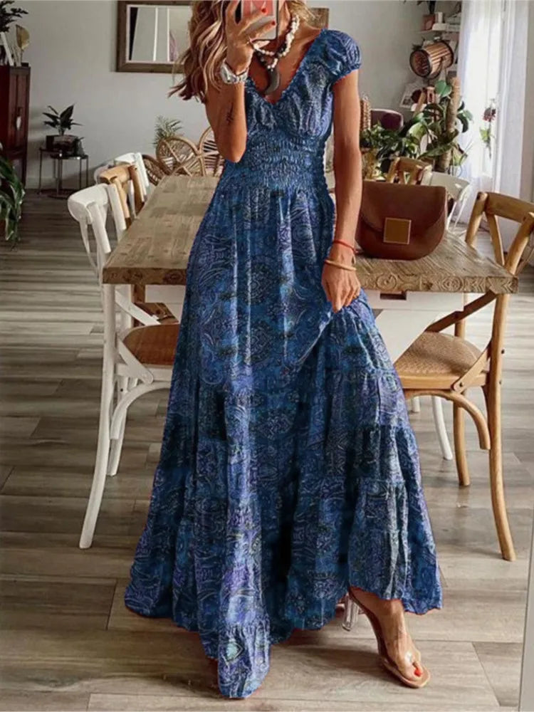 Print Long Dresses V-neck Elastic Waist Short Sleeves Vacation Style Dress Female Vestidos