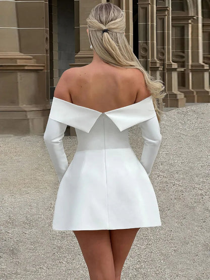 Off-shoulder Long Sleeve Mini Dress for Two Pocket Strapless Backless A-line Club Party Dress