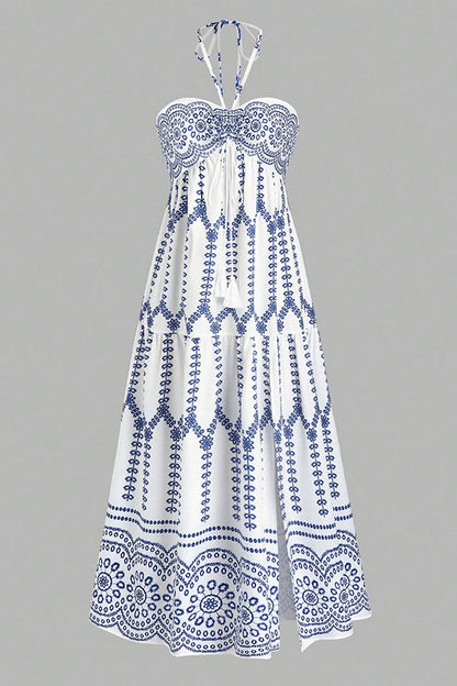 Holiday Style Unique Print Halter Neck Tie Slit Midi Dress
