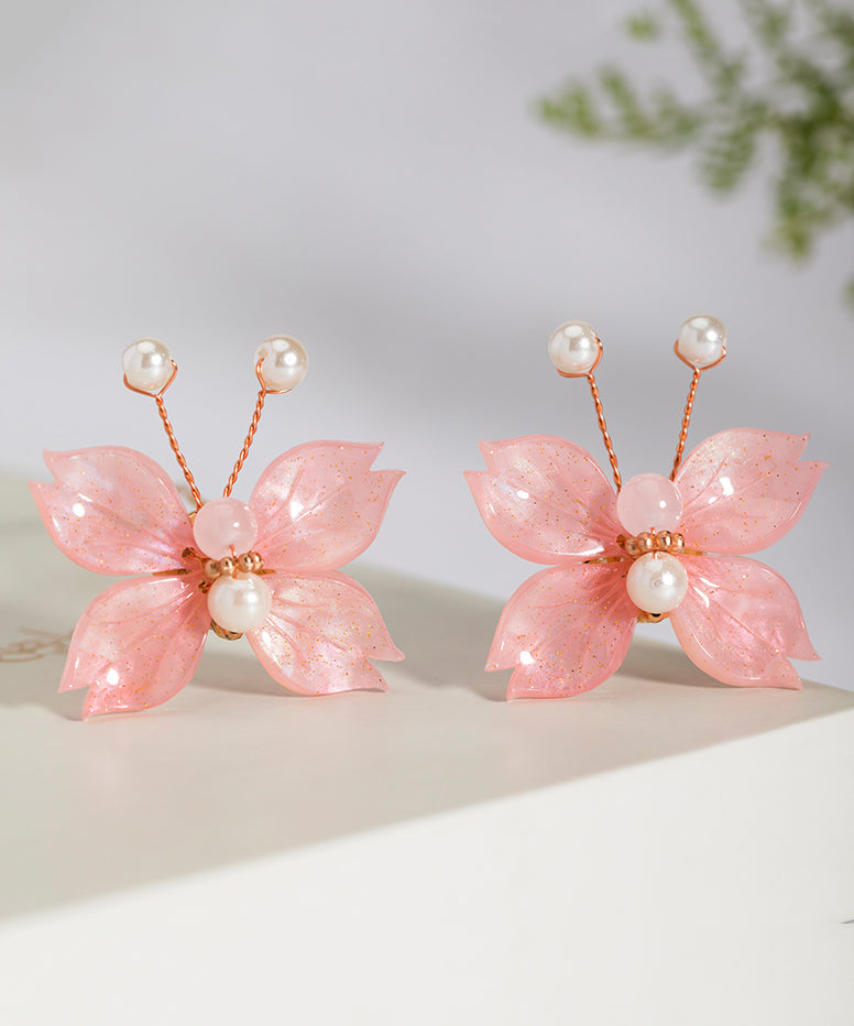 Pink Copper Alloy Pearl Colored Glaze Butterfly Hairpin