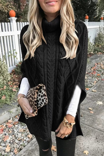 High Neck Loose Cable Knit Pattern Stitching Sweater (7 Colors)