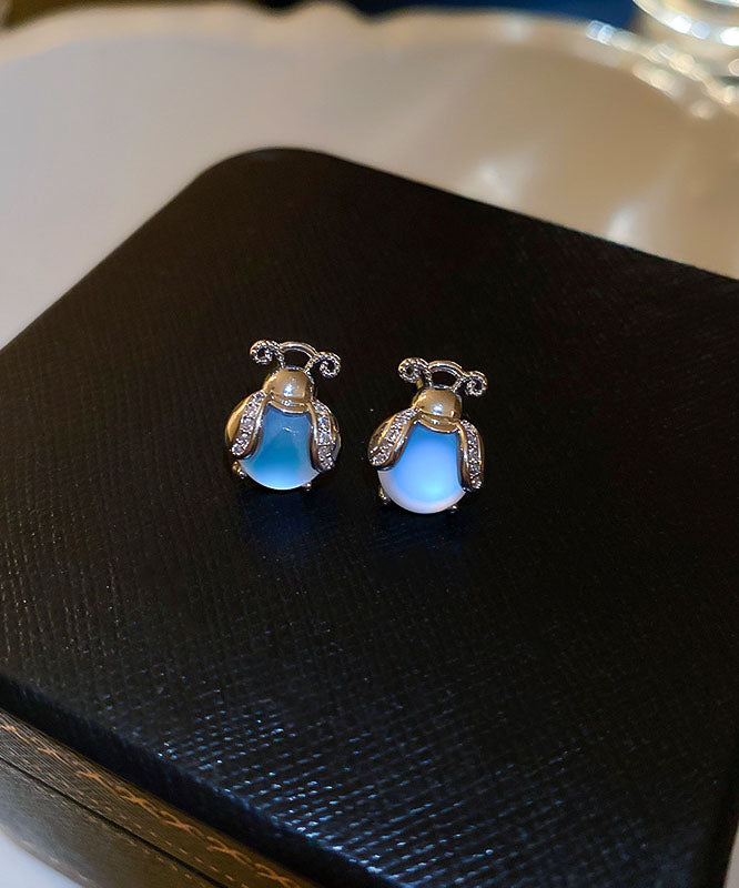 Silver Color Insect Gem Stone Silver Stud Earrings