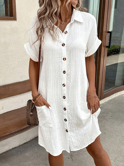 Loose Short Sleeves Pleated Split-joint Lapel Mini Dresses Shirt Dress