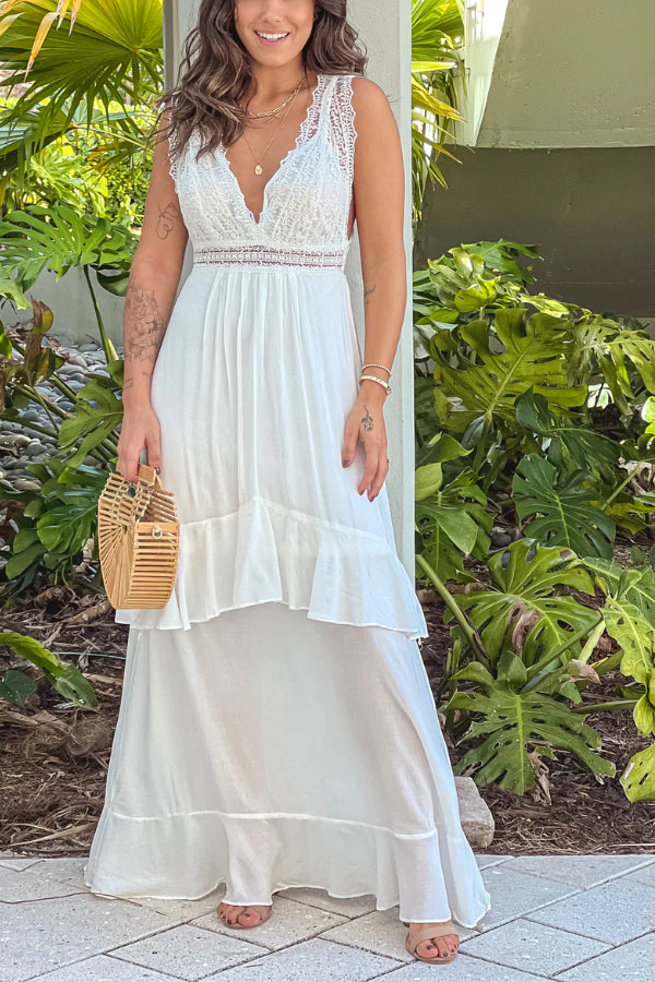 Off White Maxi Dress With Lace Top and Back Bow